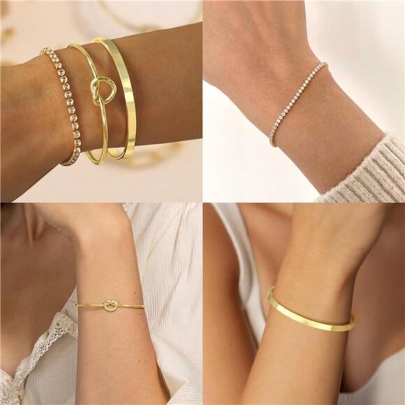 3-Piece Gold Bracelet Set – Dainty Crystal Tennis Bracelet, Love Knot Bangle, an - Picture 5 of 5